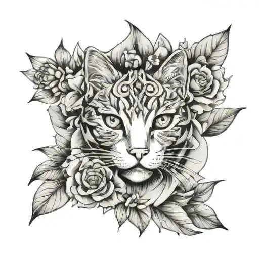 Cat Flowers Line Work
