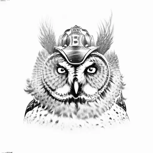 A Black And Grey Owl Wearing A Firefighter Helmet