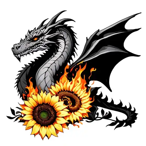 Gragon With Sunflowers And Fire