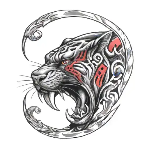 Panther Growling With Red Eyes With The Word Letters S A C R I F I C E In Its Mouth