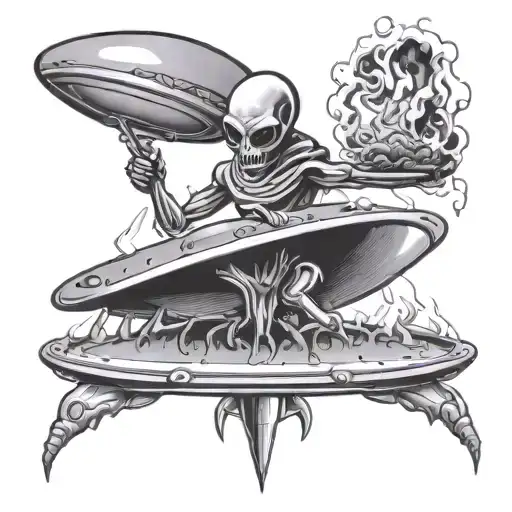 An Alien Sitting On A Flying Ufo Saucer With A Burning Joint In His Hand