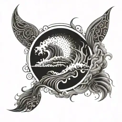 Dot Work Black And Grey Samuri Sat Amongst The Hokosi Wave