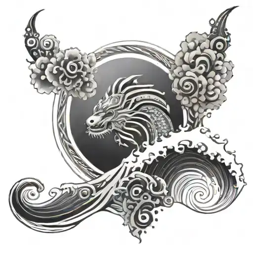 Dot Work Black And Grey Samuri Sat Amongst The Hokosi Wave