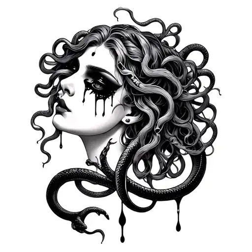 Fineline Medusa Head With Real Hair And Snakes And Black Tears In Feminine Style