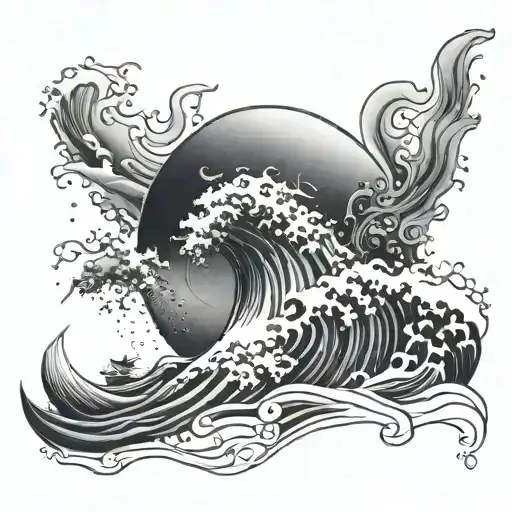 Dot Work Black And Grey Samuri Sat Amongst The Hokosi Wave