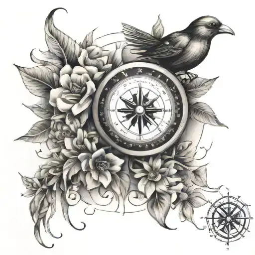 Compass With Sand Timer With Birds And Flowers