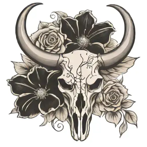 Bull Skull 3 Flowers Surrounding Behind Last Name