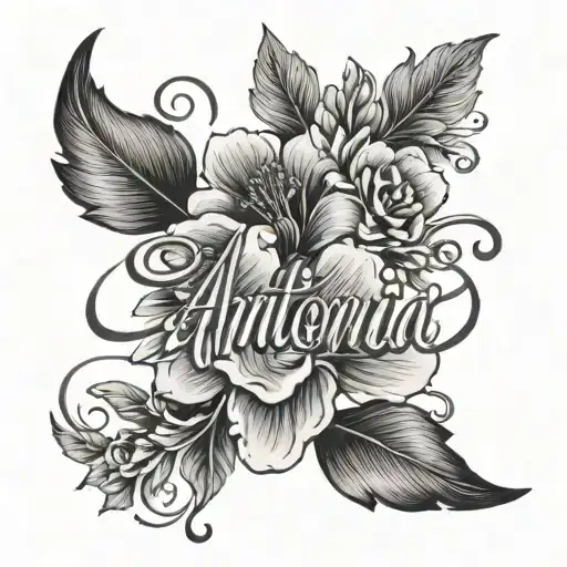 The Name Antonia In Cursive With Fine Line Flowers Around It