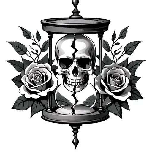 Broken Hourglass With A Skull And 3 Roses