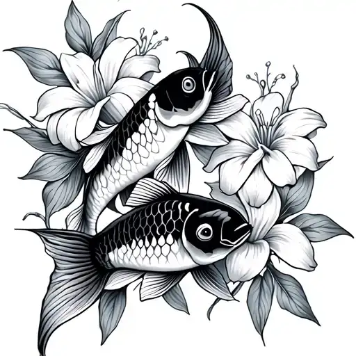Fresia Flowers And Koi Fish