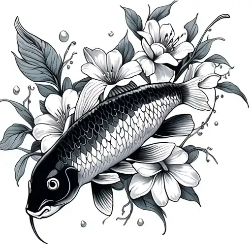 Fresia Flowers And Koi Fish And Mandala Design Incorporating