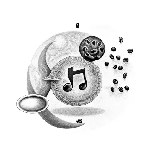 A Black-grey Tattoo Of A Mystical Moon Surrounded By Coffee Beans And Musical Notes