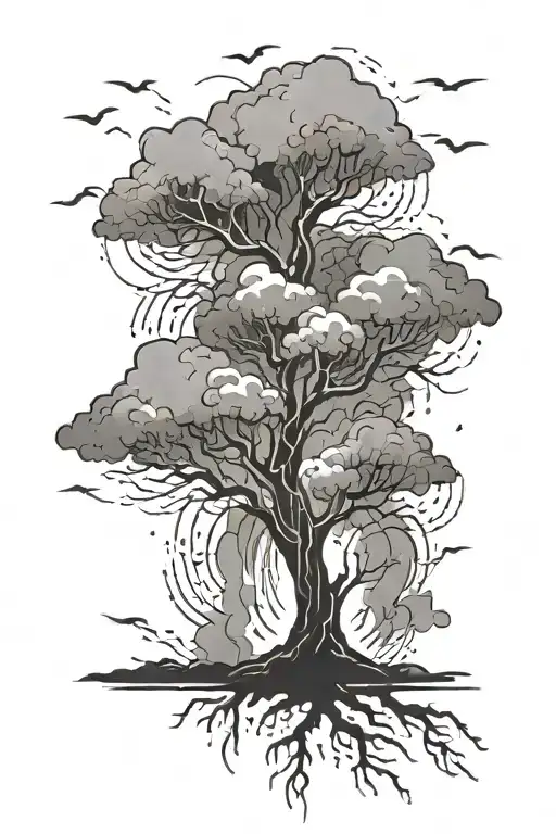 An Abstract Design Of A Rainstorm With Lightning Striking A Tree