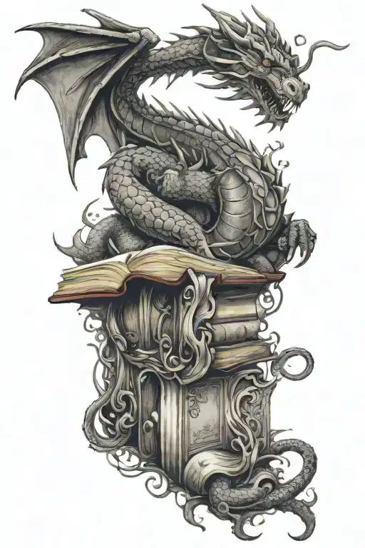 An Intricate Black And Grey Tattoo Of A Dragon Emerging From A Book