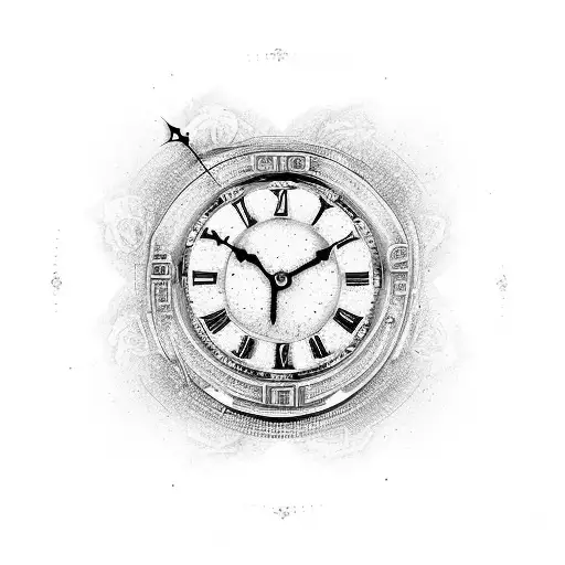 An Ancient Clock Surrounded By Roses In A Black-grey Style