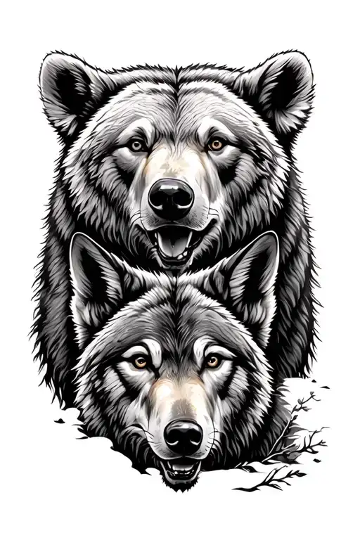 Bear Surrounded By Wolves