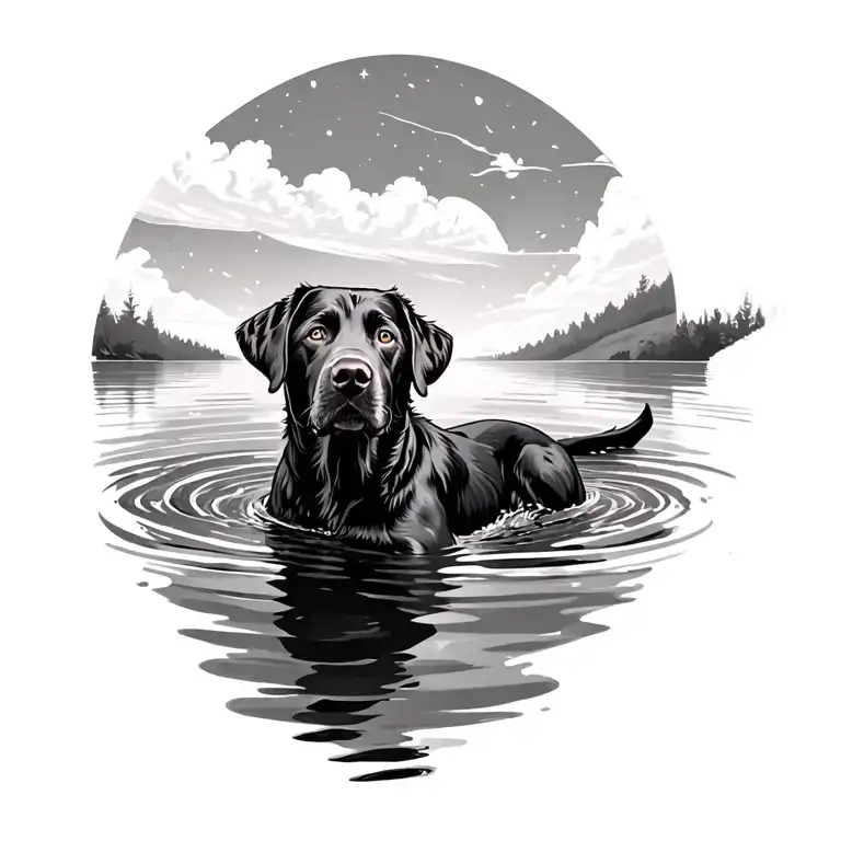 Black Labrador Retriever Swimming In A Pond