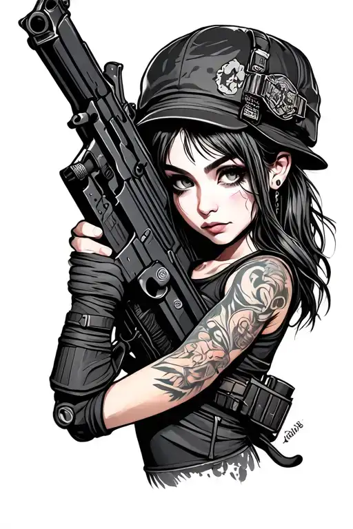 Girl Solier Setampunk Style Carring A Big Gun Wrapped