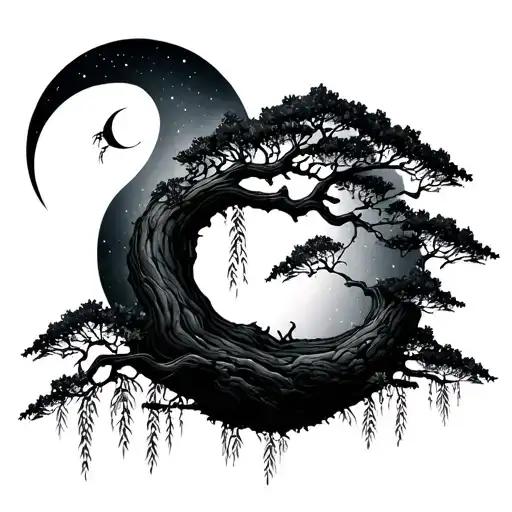 Willow Tree And Half Moon In The Background