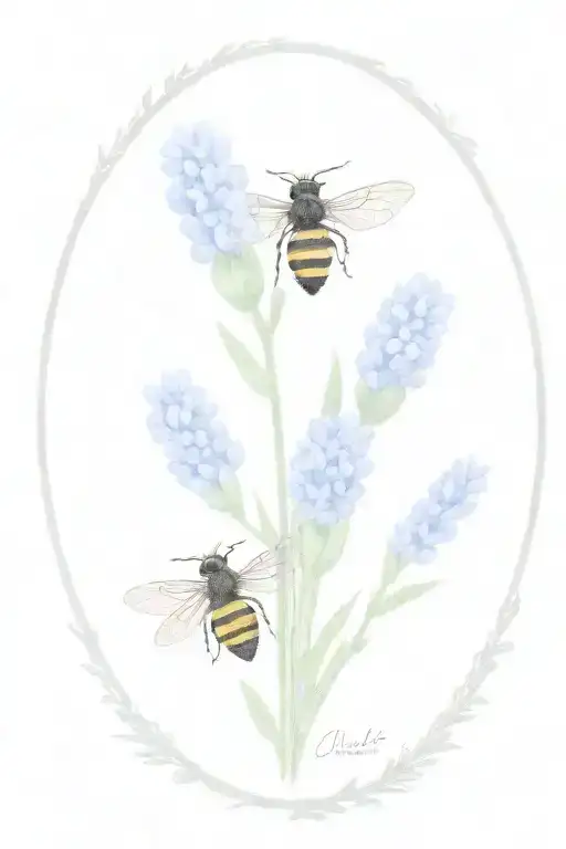 Quarts Crystal Cluster In Front Of A Bluebonnet Boquet With A Lavender Robbon And Very Small Bee