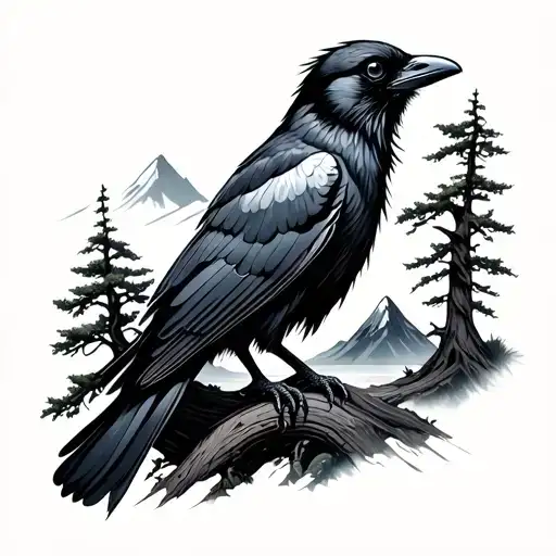 Crow With A Tree And A Mountain