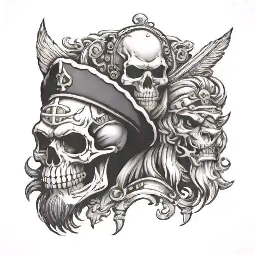 Skull And Pirate And Lion Head Wearing