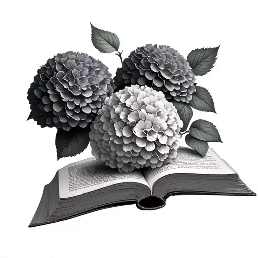 Hydrangeas Growing Out Of A Book With Book Pages Around The Flowers