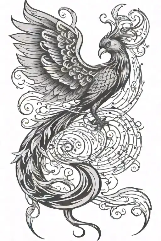 Phoenix With Tail Flowing Into Musical Notes Intertwined