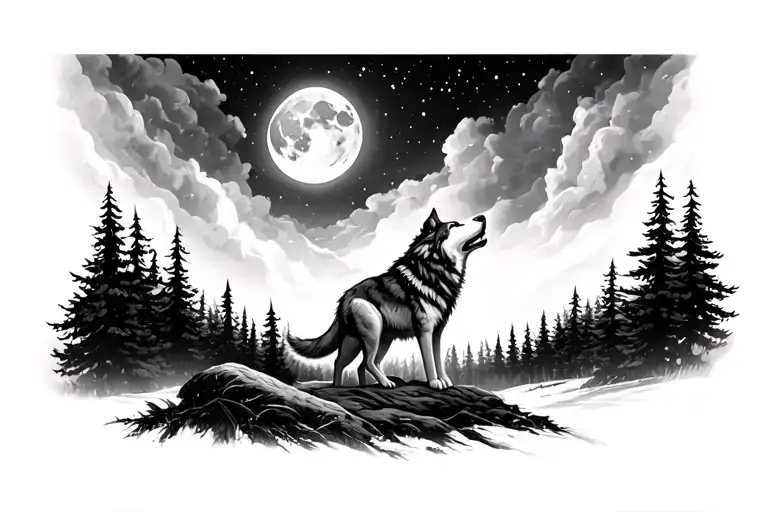 Forest Scene With Wolf Howling At The Moon