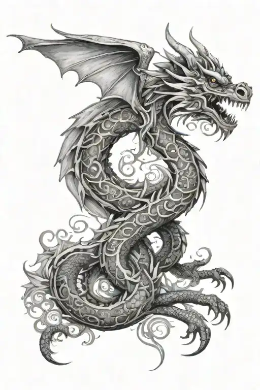 Dragon With Wings Surounded By Mandala Design