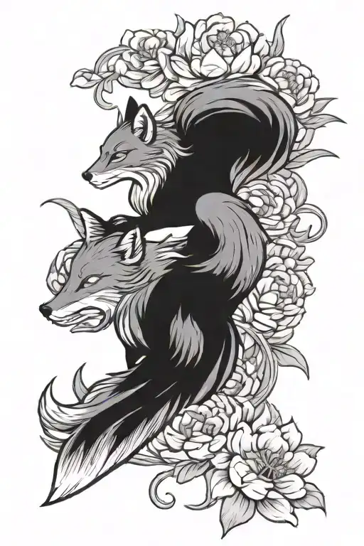 Nine Tailed Fox With Peonies Flower