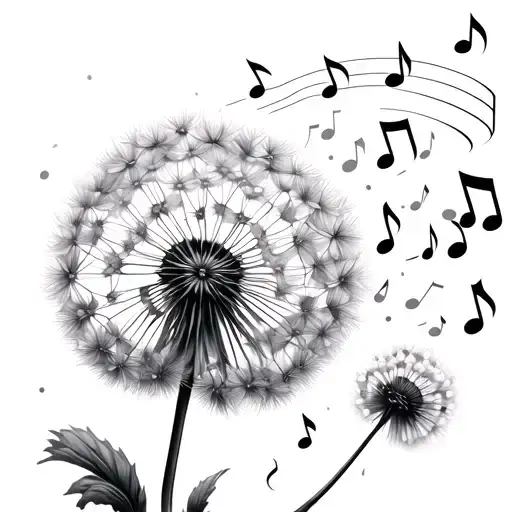 Dandelion With Seeds Drifting Away With Music Notes