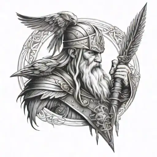 Create A Detailed Portrait Of Odin With His Iconic Spear Gungnir And His Ravens Huginn And Muninn
