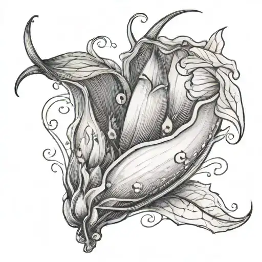 A Realistic Black And Grey Tattoo Of A Sweet Pea Pod Opening To Reveal The Vibrant Peas Inside