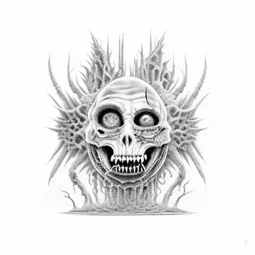 A Black And Grey Portrait Of The Band Ween With Horror-inspired Elements
