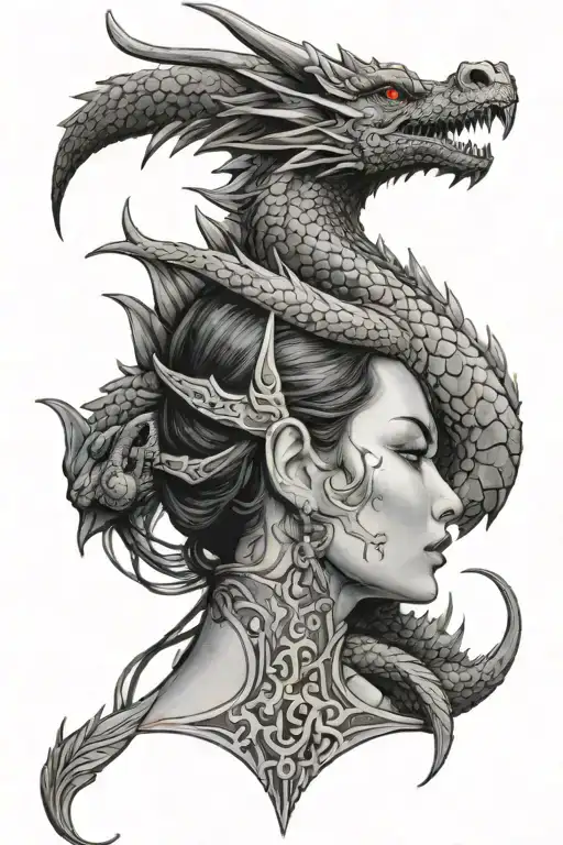 Dragon And A Women Head Profile Holding
