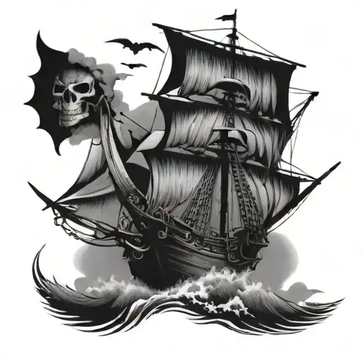 A Skeleton Pirate Ship Sailing Through A Stormy Sea With A Dragon Flying Overhead
