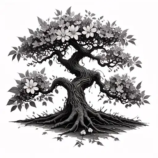 Big Wide Realistic Poison Tree Growing Little Flowers And Leaves On Random Branches