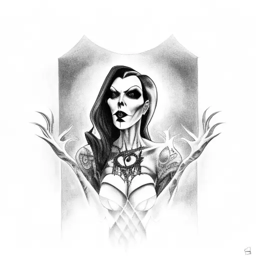 A Black And Grey Tattoo Of Vampira With A Gothic Twist