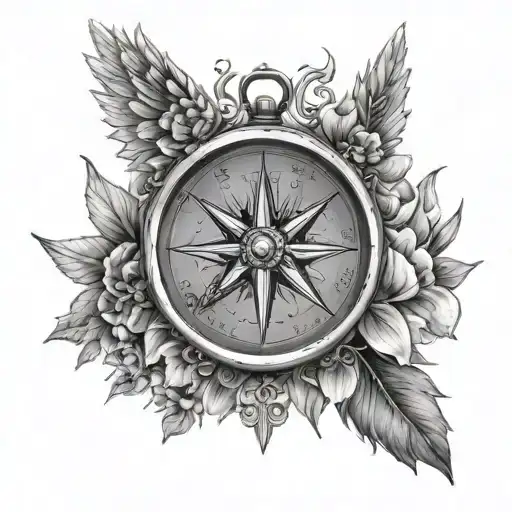 Compass With Angel Wings And Delphinium Flowers
