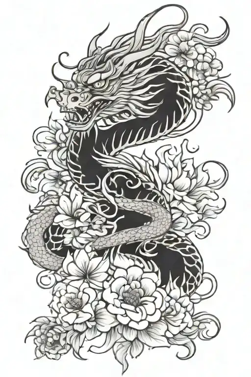 Chinese Dragon And Flowers