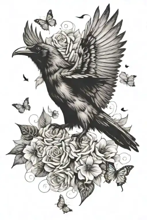 A Crow Chasing Butterflies Flying