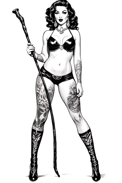 Pin Up Girl Full Body Black And Grey Holding Long Stick Between Legs
