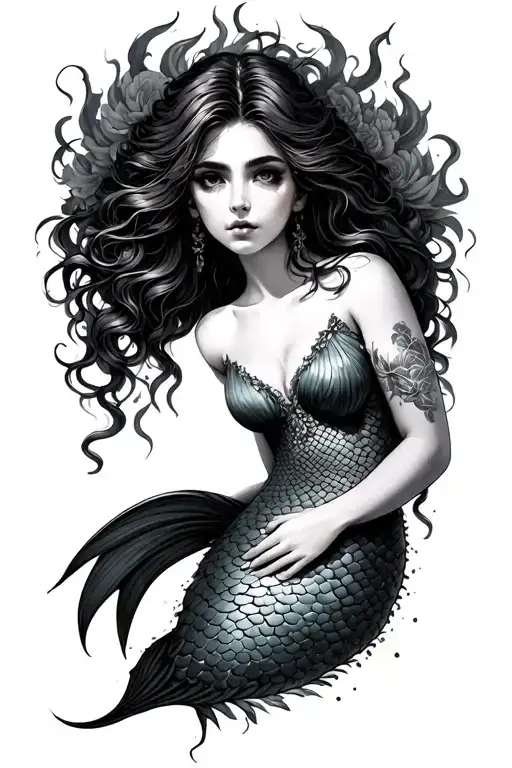 Mermaid Realistic Black And Grey