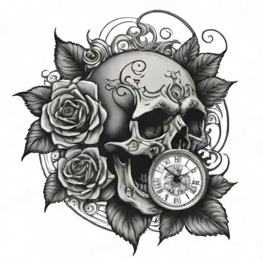 Skull And Roses With Clock