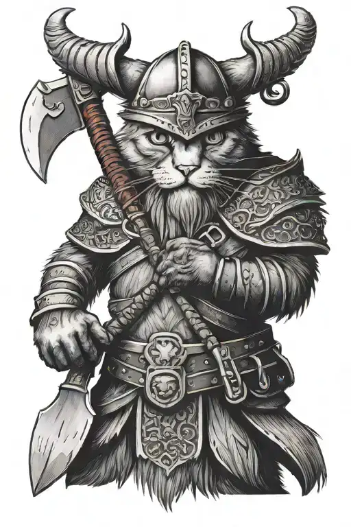 Cat Dressed As A Viking Warrior Holding An Axe