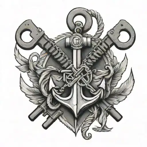 Two Army Rifles Crossed Behind A Marine Anchor