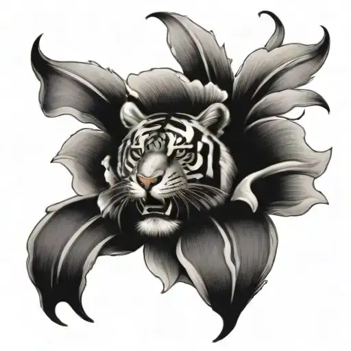 Tiger With Iris Flower Surrounded