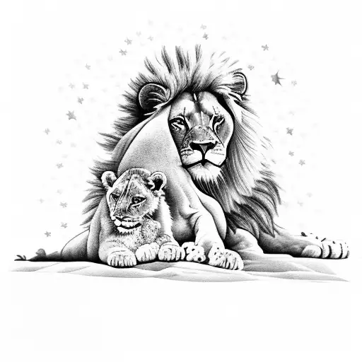 A Majestic Lion And Its Cub Resting Under A Starry Night Sky