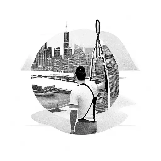 A Dynamic Black And Grey Tattoo Of A Tennis Player Serving With A City Skyline In The Background